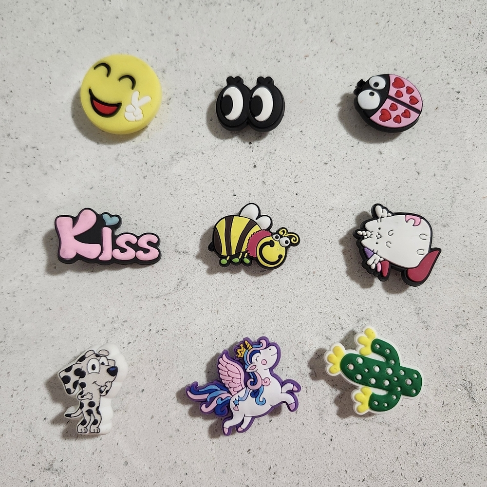 Lot of 9 Shoe Charm Jibbitz Set Bundle Emoji Unicorn Bluey